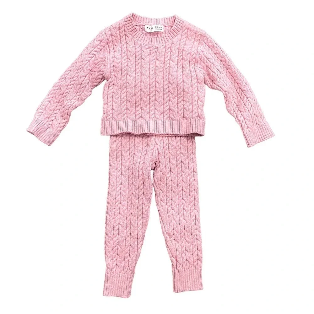 SHEIN Girls Cable Knit Sweater and Leggings Set in Pink, Size 2-3Y​​​​​​​